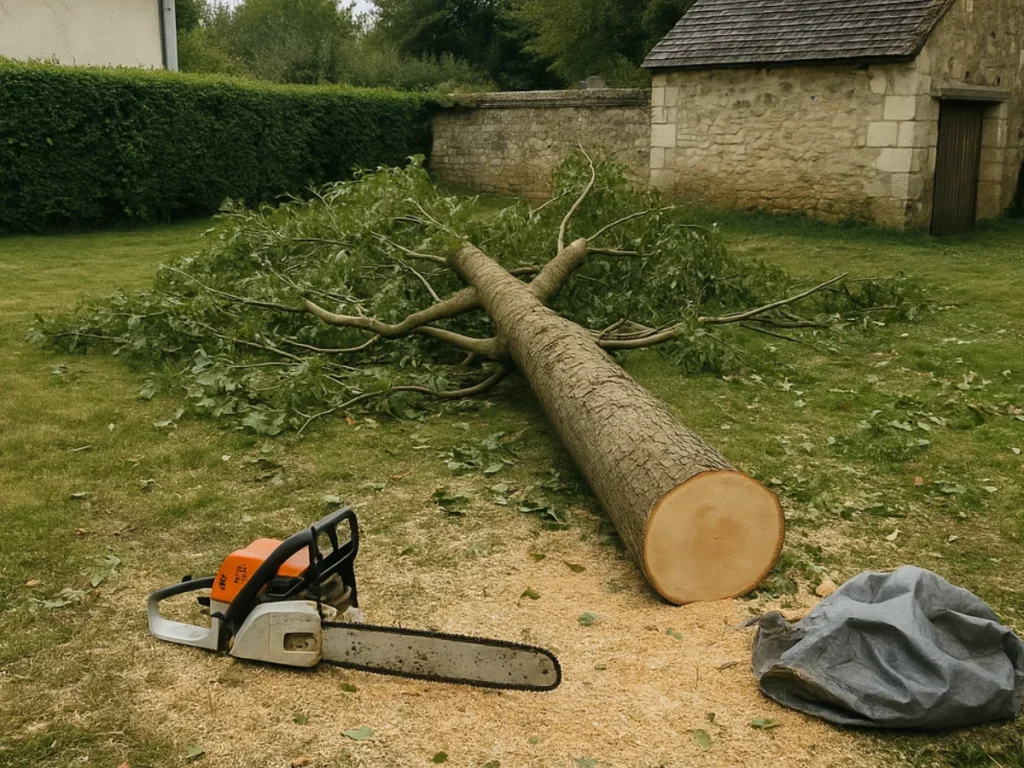 Arbre abattu au sol avec tronçonneuse dans une propriété tourangelle