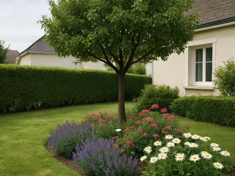Jardin arboré avec fleurs colorées et haies taillées à Tours