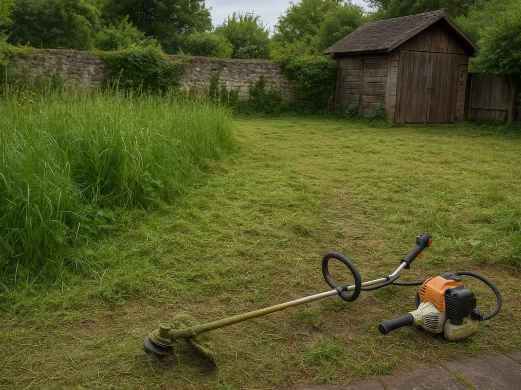 Outil de débroussaillage posé sur un terrain fraîchement nettoyé à Tours