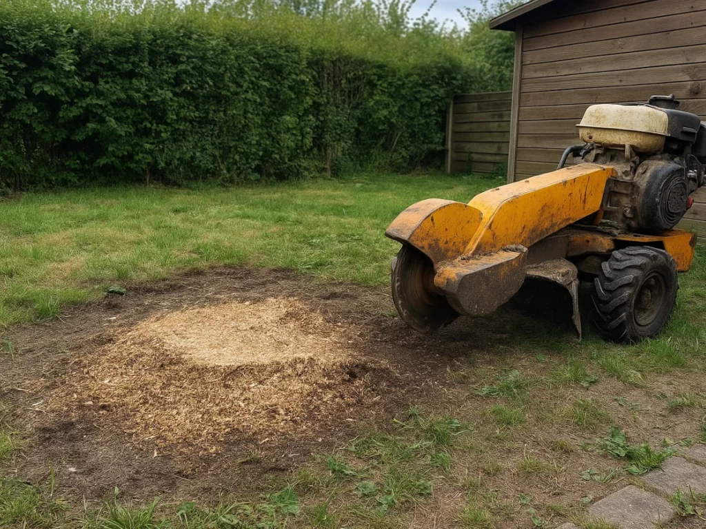 Machine de dessouchage utilisée dans un jardin à Tours, près d’une haie verte