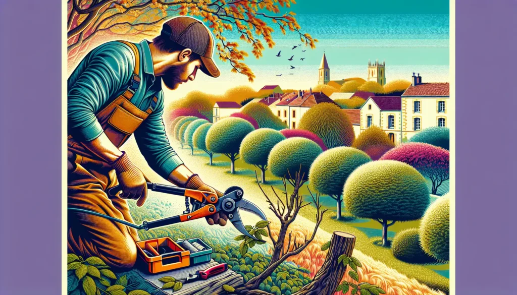 Artisan élaguant un arbre devant village pittoresque