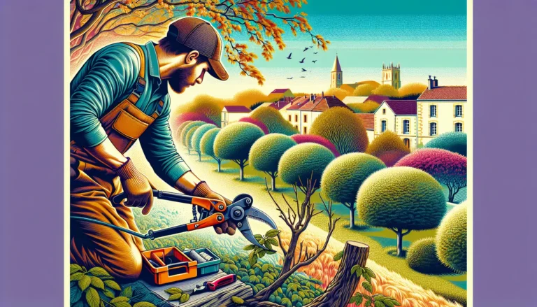 Artisan élaguant un arbre devant village pittoresque