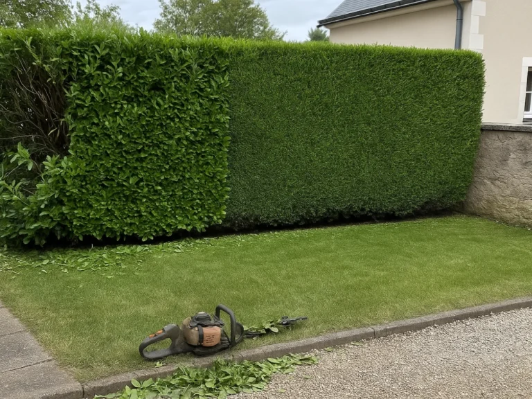 Haie taillée parfaitement à angle droit, avec outil posé au sol